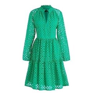 J. Crew Dress Womens XL Tiered Popover Kelly Green Boho Peasant Eyelet Vneck NWT